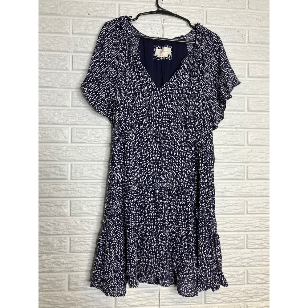 Anthropologie Mini Dress Womens M Navy Polka Dot Excellent‎ V-Neck Tiered Ruffle